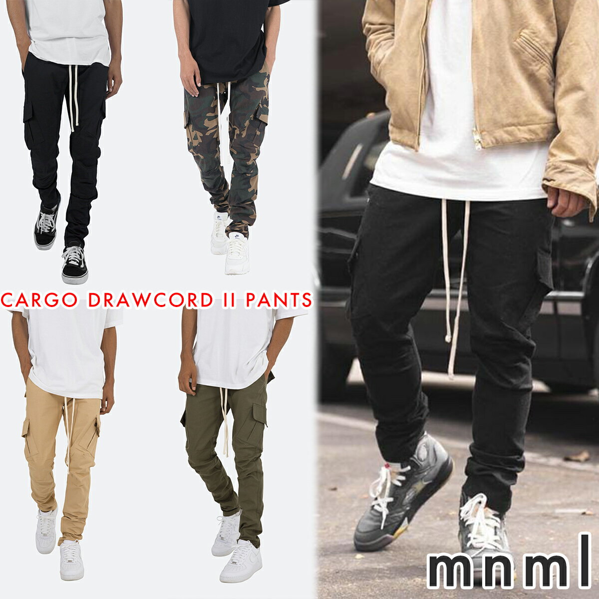 MNML ミニマル カーゴパンツ ブラック CARGO DRAWCORD II PANTS スリム テーパード 韓国 ファッション メンズ 