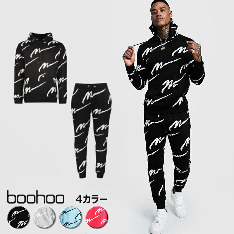 ブーフー boohoo All Over MAN Printed Hooded Tracksuit ブラック グレー 上下セット セットアップ パーカー スウェット 長袖 トップス ジョガーパンツ トラックスーツ おしゃれ メンズ ブランド イギリス asos[衣類]