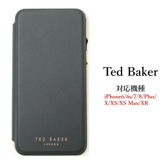 Ted Baker テッドベイカー ミラー付 手帳型 iPhone 5/5s SE 6/6s 7 8 11 Pro Plus X/XS XR XSMax Case アイフォン ケース 携帯 スマホ ケース 二つ折 無地 ブラック / ローズゴールド