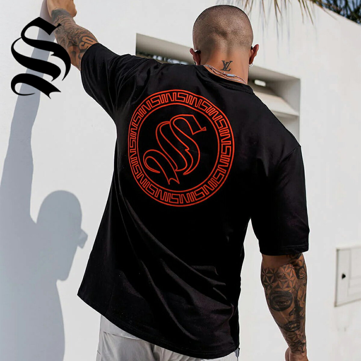 SINNERS ATTIRE Vi[YA^CA TVc  gbvX I[o[TCY ICON CIRCLE TEE - BLACK/ORANGE EGA X|[cEFA Y Ki[ߗ]