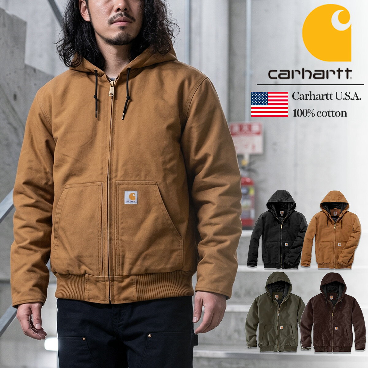 Carhartt J130 Hoodie Jacket, Duck Active Jacket, Loose Fit, Washed Duck Active Jacket, Logo, Autumn/Winter Outerwear, Workwear, Men's & Women's, Authentic Overseas Product, 104050 [Clothing] Yu00572