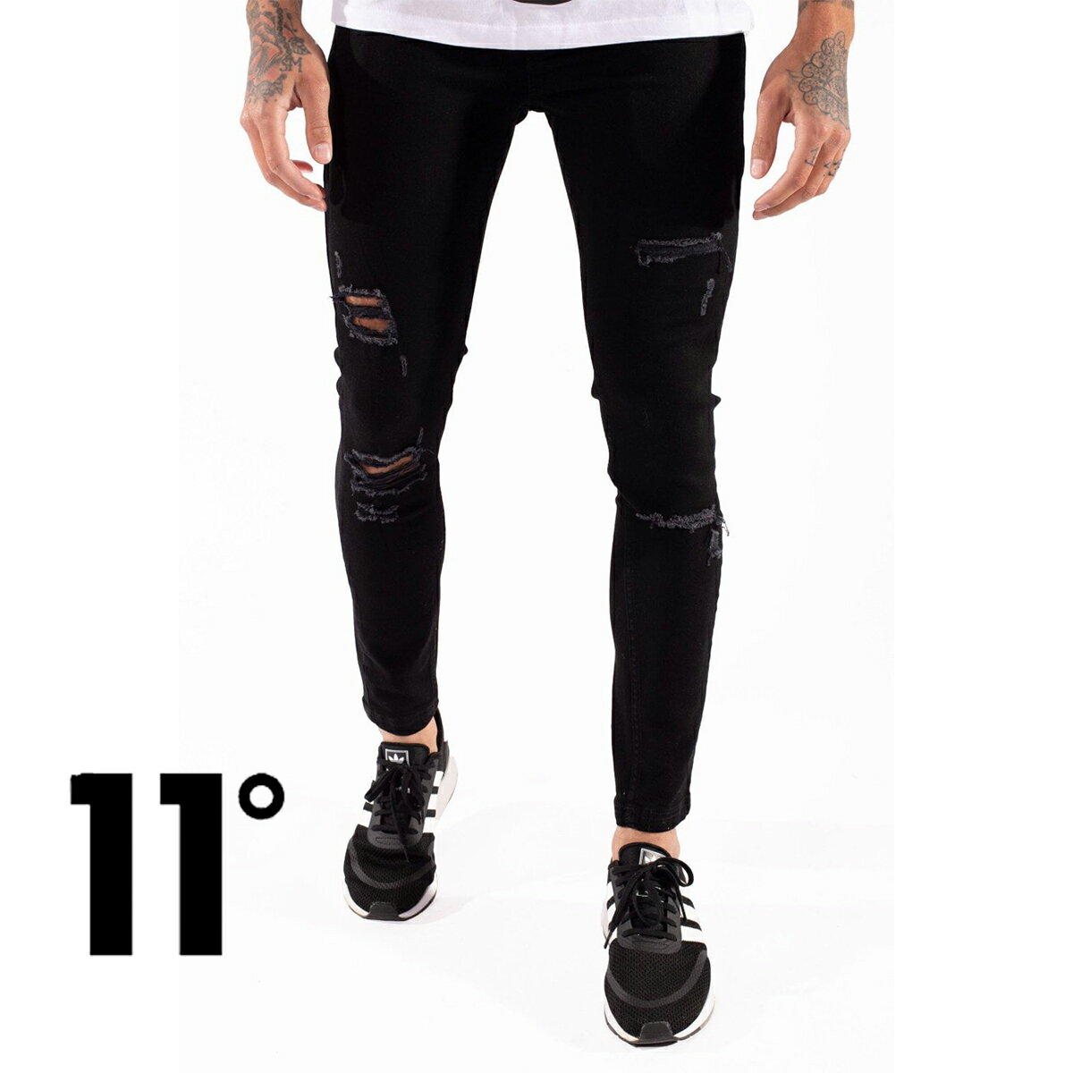 イレブンディグリーズ 11Degrees ダメージジーンズ Sustainable Distressed Jeans Skinny Fit ジェットブラックウォッシュ ストレッチ デニム パンツ メンズ