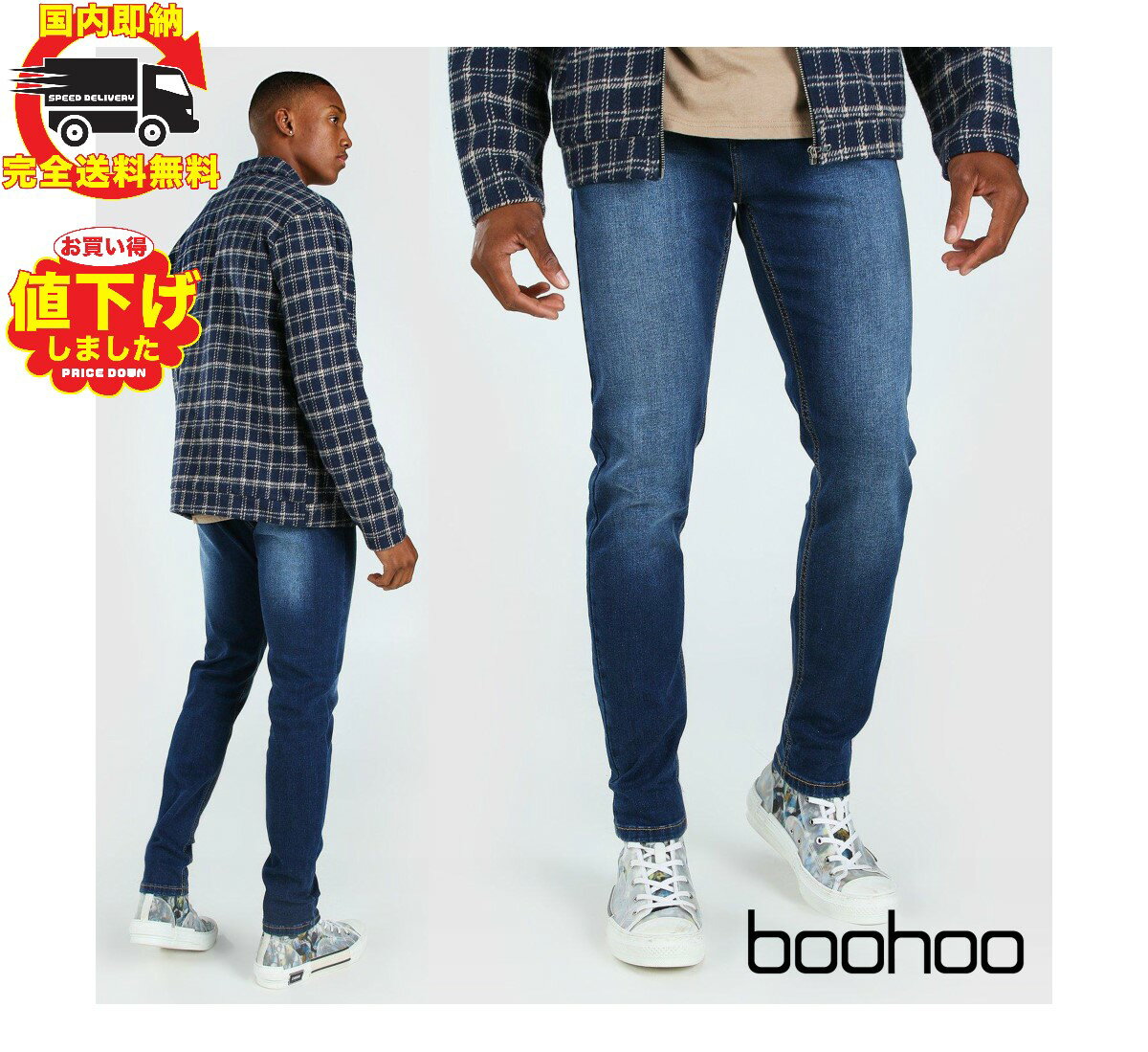 ブーフー boohoo デニム スキニー ジーンズ Skinny Fit Denim Jeans ミッド ブルー パンツ メンズ おしゃれ ブランド イギリス asos[衣類]