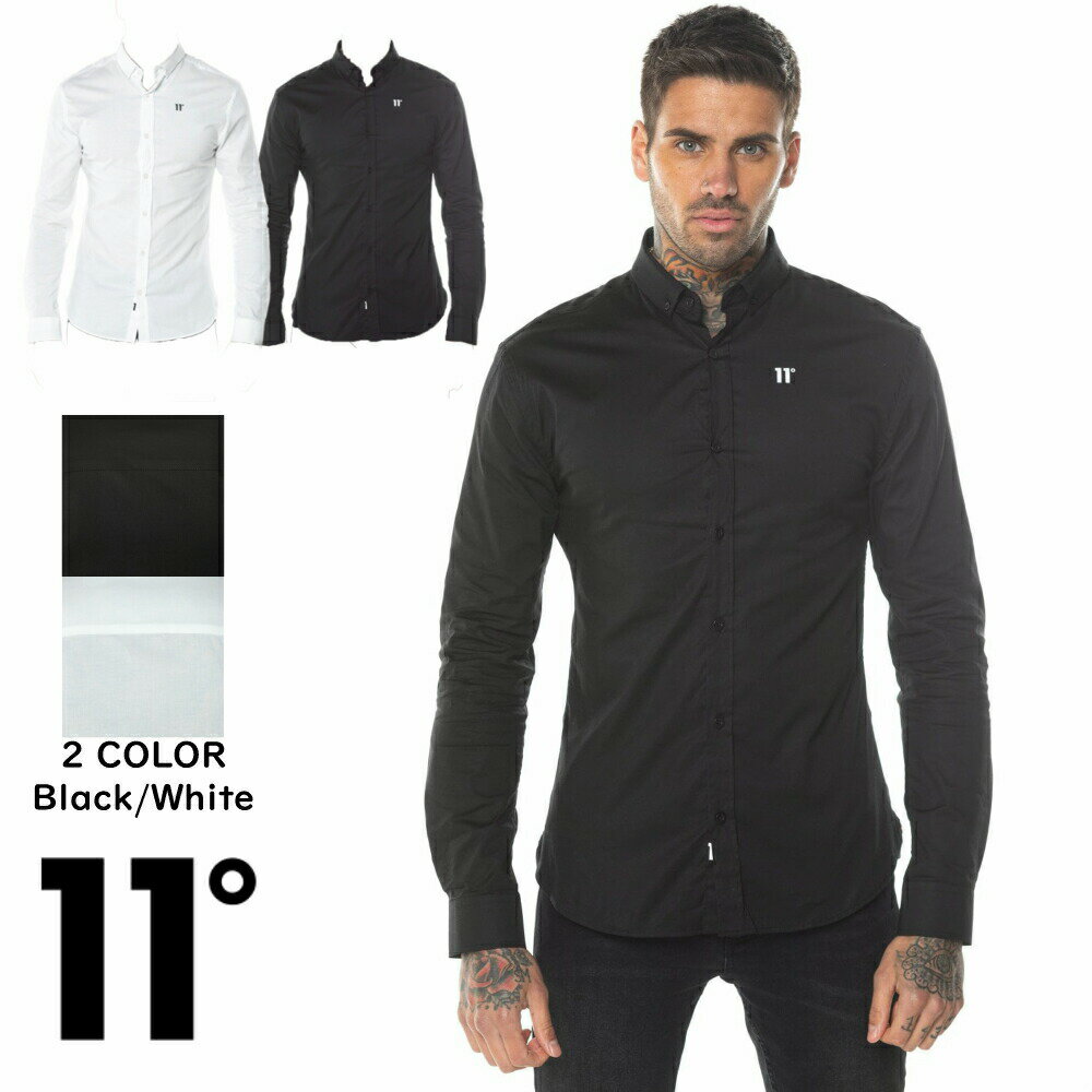 イレブンディグリーズ 11Degrees Long Sleeve Contrast Logo Shirt ブラック ホワイト ワイシャツ 襟付きシャツ フィット 長袖 コットン ストレッチ トップス スポーツウェア メンズ イギリス[衣類]