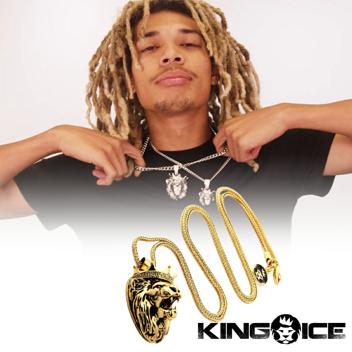 KING ICE キングアイス ネックレス チェーン ANTIQUE ROARING LION NECKLACE 14kゴールド 金 WHITEGOLD 人気[アクセサリー]