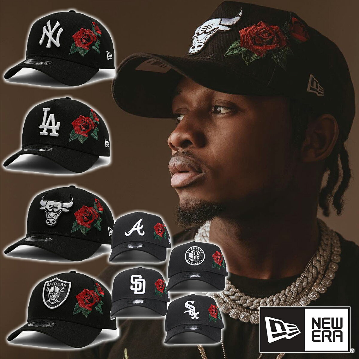 ニューエラ キャップ NEW ERA Rose Emblem バラ 刺繍 限定モデル帽子 9FORTY A-Frame Snapback ブラック 黒 LA NY ブルズ メンズ ユニセックス 正規品 帽子