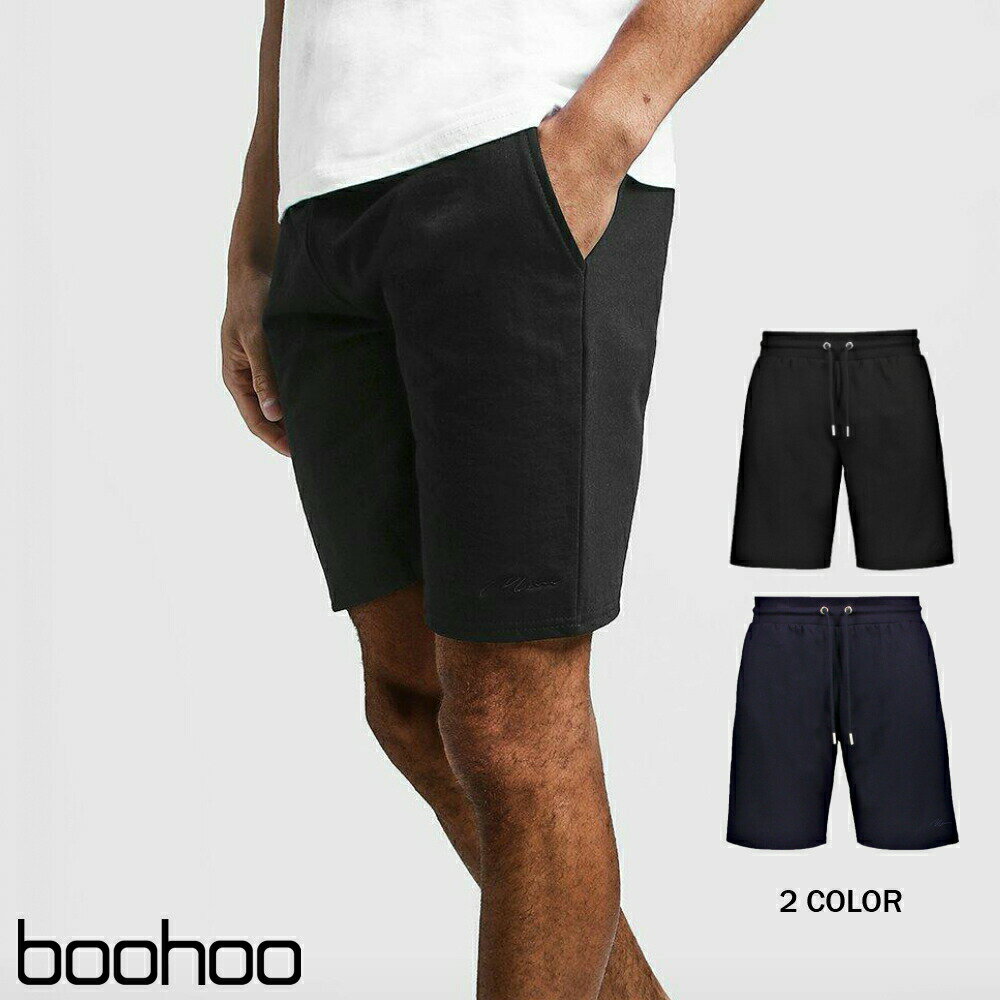 ブーフー boohoo MAN Signature Mid Length Jersey Shorts ブラック/ネイビー ショーツ ハーフパンツ ロゴ ショートパンツ スウェット パンツ メンズ 春 夏 おしゃれ イギリス asos