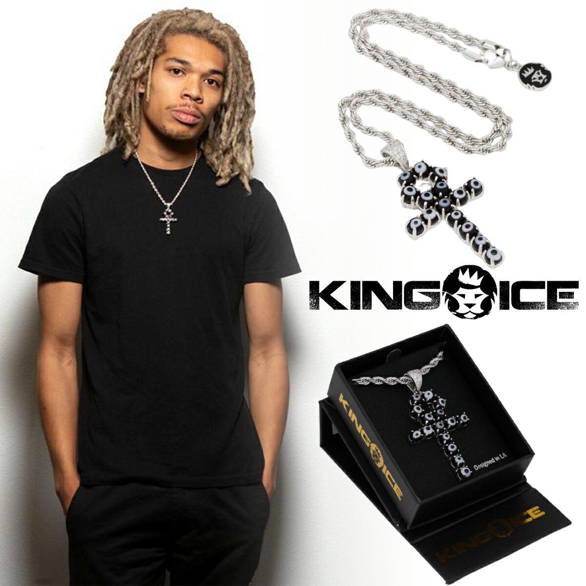 KING ICE LOACX lbNX BLACK EVIL EYE ANKH CROSS NECKLACE `F[14kS[h zCgS[h  lC[ANZT[]