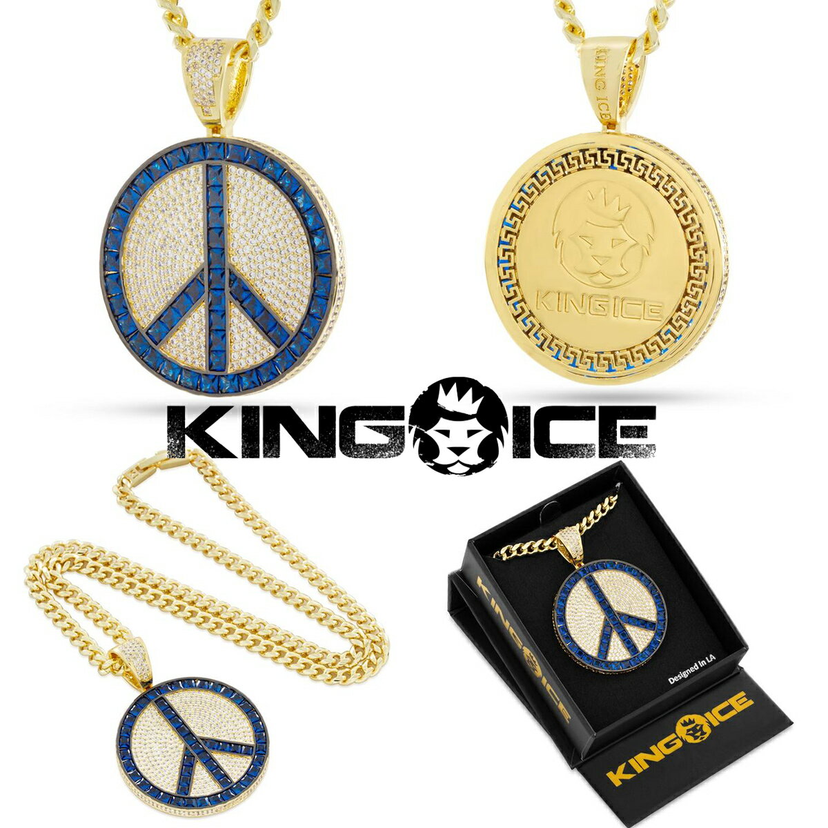 KING ICE キングアイス ネックレス BLUE PEACE AND LOVE MEDALLION NECKLACE 14kゴールド ホワイトゴー..