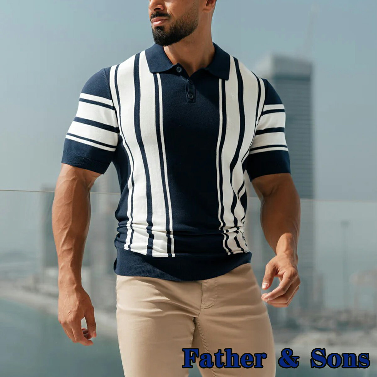 t@U[ Ah TY |Vc FATHER SONS CLASSIC NAVY / OFF WHITE KNITTED VERTICAL STRIPE POLO SHORT SLEEVE |Vc  Y ؃g XgCv[ߗ]