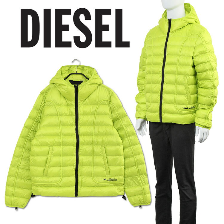 ディーゼル ダウン メンズ DIESEL フーデッド パデッドジャケット バイカージップ A06145-0BHAZ W-SCOTT-NW-5IN ライムグリーン