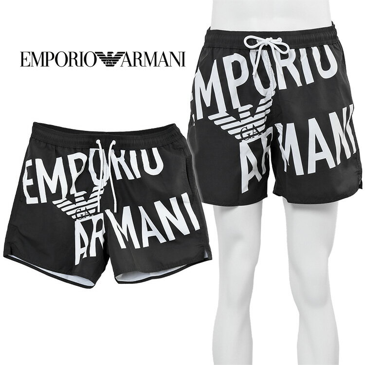 アルマーニ セットアップ メンズ 水着 EMPORIO ARMANI スイムトランクス 再生ファブリック製 ドローストリング＆ボールドロゴ 211740-3R424-21921 ブラック/ホワイト【新作】【SALE】