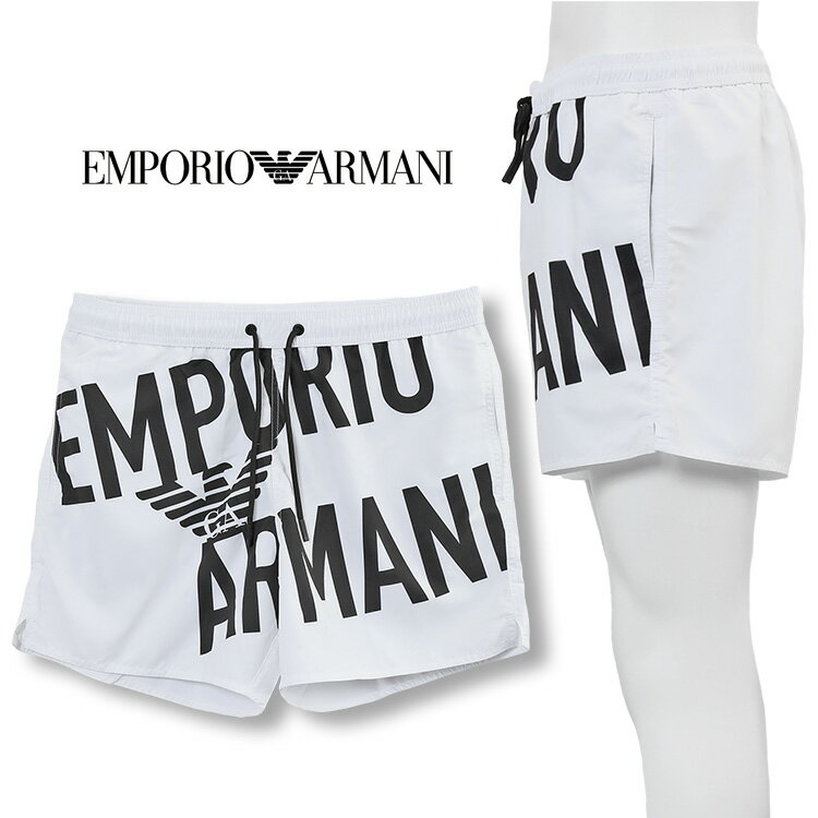 アルマーニ セットアップ メンズ 水着 EMPORIO ARMANI スイムトランクス 再生ファブリック製 ドローストリング＆ボールドロゴ 211740-3R424-93410 ホワイト/ブラック【新作】【SALE】