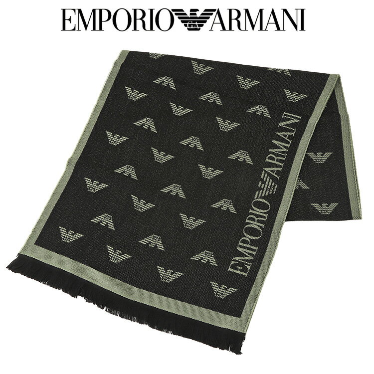 エンポリオアルマーニ EMPORIO ARMANI マフラー ウールスカーフ 全面ジャカードイーグルロゴ 625009-CC306-15820 BLACK SAGE【新作】