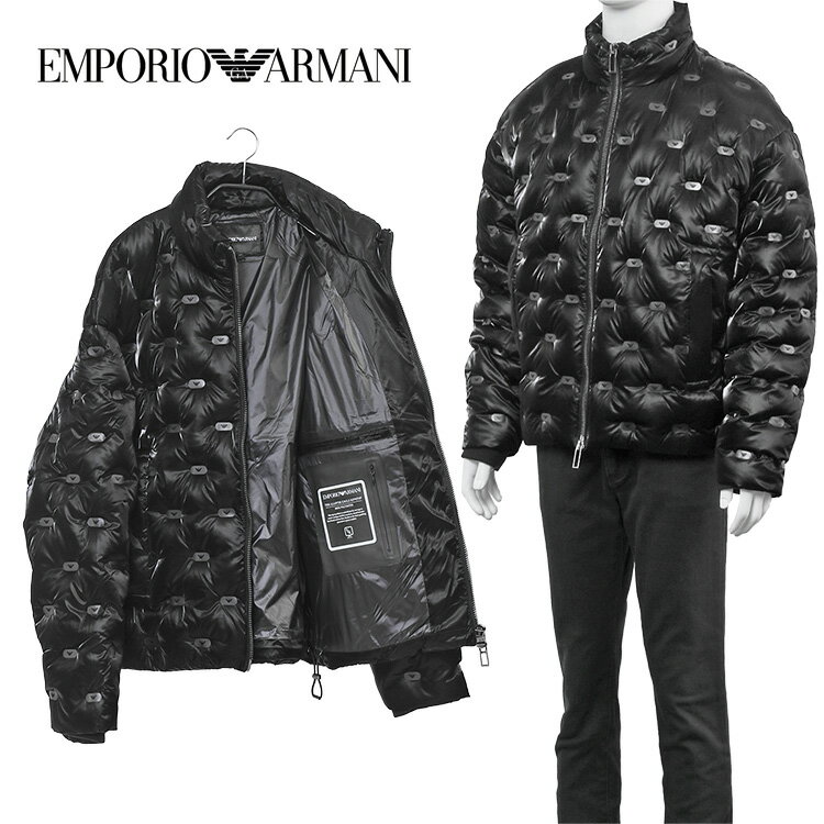 アルマーニ ダウン EMPORIO ARMANI ダウンジャケット 総柄 キルティング イーグルスタンプ 6R1B88-1NDGZ-0999：ブラック【新作】