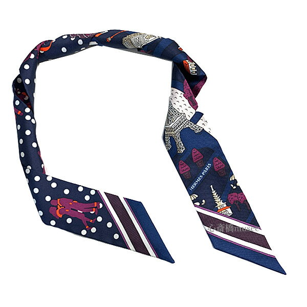 ≪新品≫ エルメス ツイリー 「 Les Nouveaux Amoureux de Paris 新パリの恋人たち　」 Bleu Marine Violet Blanc ブルーマリーヌ　 ヴィオレ ブラン 白 ネイビー 紺 黒 ミニスカーフ 箱 リボン ラッピングのサムネイル
