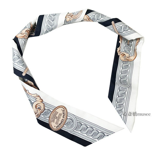 ≪新品≫ エルメス ツイリー 「ブリッド・ドゥ・クール」 BRIDE DE COUR NOIR/BRIDE/ROSE ノワール/ブラン/ローズ ミニスカーフ 黒 ブラック 白 ローズ 箱 リボン ラッピング HERMES TWILLYのサムネイル