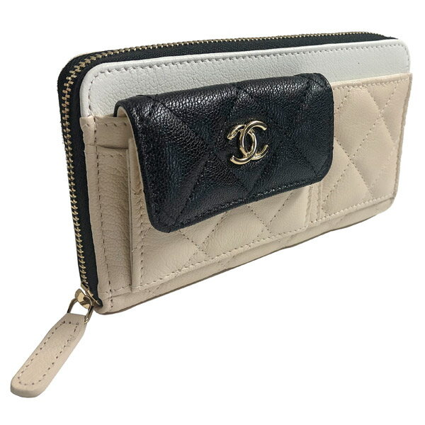 ≪新品≫CHANELシャネル20年クルーズコレクションコインケース付きジップラウンドファスナー中財布AP1140ベージュ×白×黒ゴールド金具ゴートスキン箱リボンラッピング