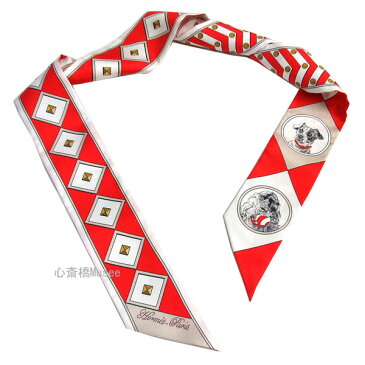 ≪新品≫エルメス ツイリー 「 colliers et chiens / 首輪と犬 」 ROUGE/BLANC/MASTIC ルージュ/ブラン/マスチック ミニ スカーフ 箱 リボン ラッピング 赤 白