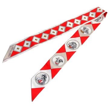 ≪新品≫エルメス ツイリー 「 colliers et chiens / 首輪と犬 」 ROUGE/BLANC/MASTIC ルージュ/ブラン/マスチック ミニ スカーフ 箱 リボン ラッピング 赤 白