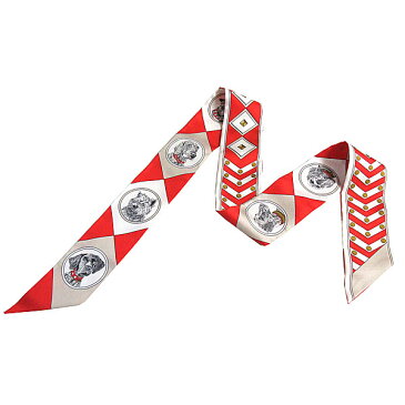 ≪新品≫エルメス ツイリー 「 colliers et chiens / 首輪と犬 」 ROUGE/BLANC/MASTIC ルージュ/ブラン/マスチック ミニ スカーフ 箱 リボン ラッピング 赤 白
