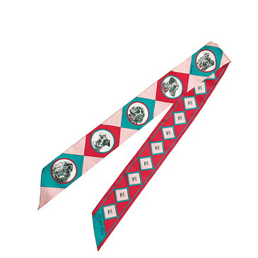 ≪新品≫エルメス ツイリー 「 colliers et chiens / 首輪と犬 」 franboise/vert/rose フランボワーズ/ヴェール/ローズ ミニ スカーフ 箱 リボン ラッピング ピンク