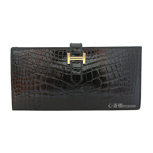 ≪新品≫ HERMES　エルメス　ベアンスフレ アリゲーター シャイニー 黒 ゴールド金具 箱 リボン ラッピング HERMES Bearn Souffle Crocodile Alligator Black Gold Backleのサムネイル