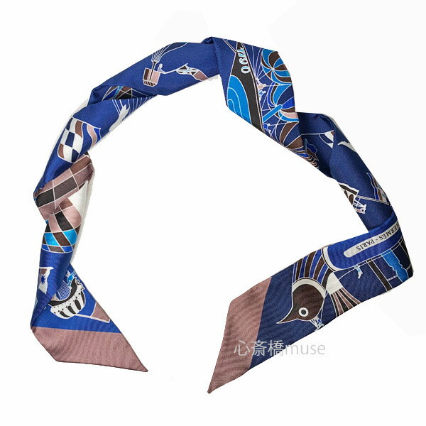 ≪ 新品 ≫ エルメス ツイリー 大空の狂気 マリーヌ マロングラッセ HERMES TWILLY " Les Folies du Ciel " 　Marine / Marron Glac 気球 鳥 ネイビー 紺 シルク スカーフ 箱 リボン ラッピングのサムネイル