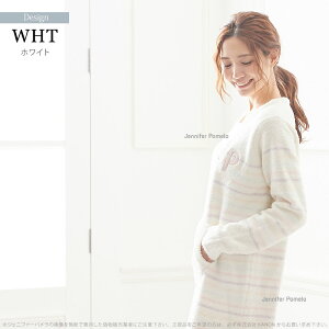 【JenniferPamela】ルームウェアもこもこボーダー長袖ロングワンピースレディースフリーサイズパジャマ□