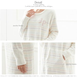 【JenniferPamela】ルームウェアもこもこボーダー長袖ロングワンピースレディースフリーサイズパジャマ□