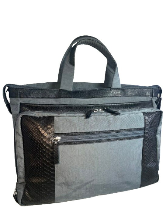 ビジネスバッグ パイソン本革/シワナイロン コンビ 2WAY ショルダー付き レディース メンズ 【GUODI】JT-240510グレー バッグ BAG パイソン ヘビ革 へび革 蛇革 ユニセックス 男女兼用のサムネイル