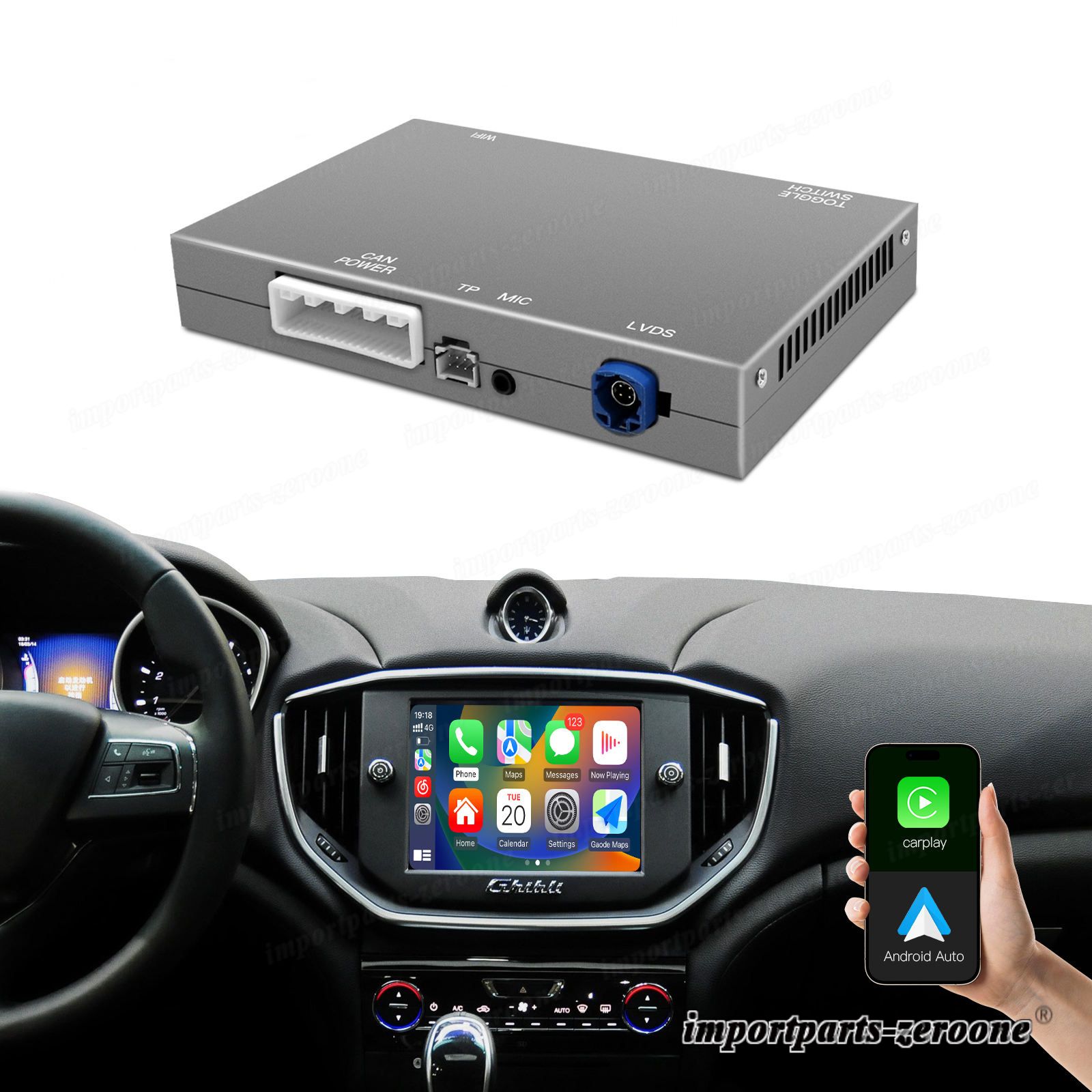 ワイヤレスCarPlay Androidオートモジュールボックス用ジープダッジ/マセラティ/クライスラーエアプレースクリーンミラー　-AAT-1082