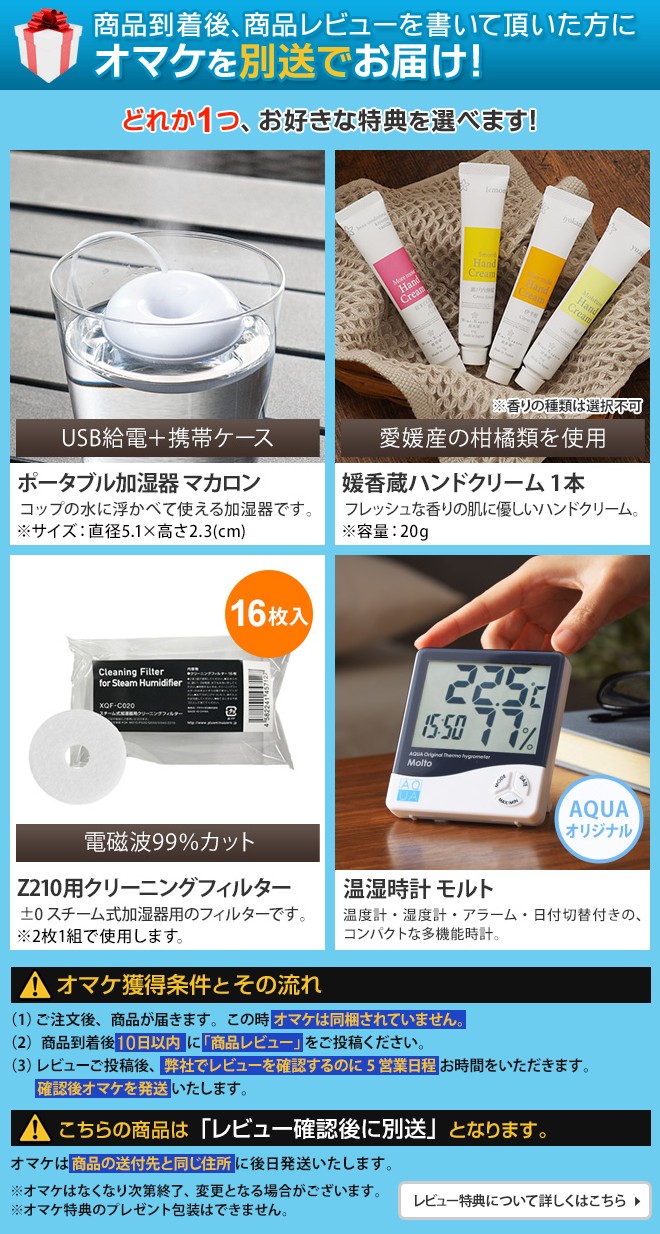 スチーム式加湿器 【4つから選べる特典】 ±0 スチーム加湿器Z210 プラスマイナスゼロ プラマイゼロ プラマイ スチーム 加湿器 小型 卓上 床置き 加熱式 加熱 アロマ対応 大容量 洗いやすい 簡単 掃除 オフィス おしゃれ