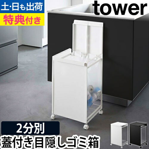 蓋付き目隠し分別ダストワゴン タワー 2分別：山崎実業 tower（タワー）シリーズ