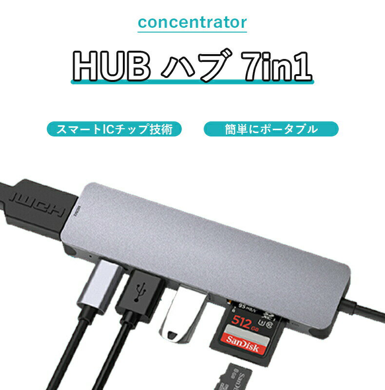 UCN3286 HUB ハブ 7in1 スマートlCチップ技術 アルミ仕上げ 簡単にポータブル type-c HDMI ポート 4K 六つ 速い パソコン 周辺機器 PCアクセサリ Type-Cハブ干渉防止 短絡保護 過電流保護 過電圧保護 過熱保護