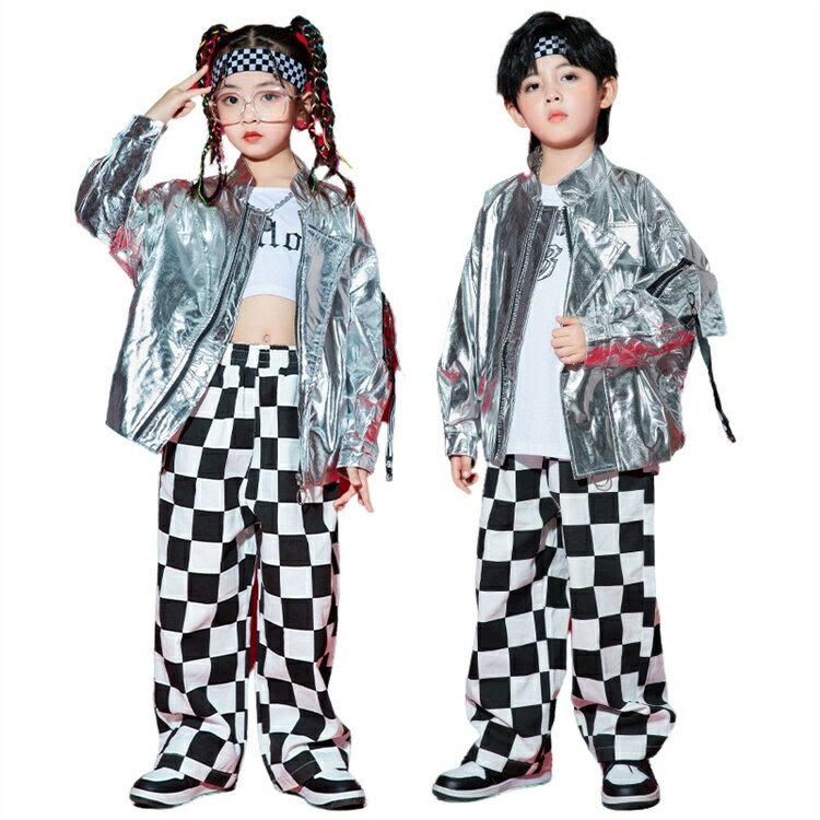 キッズ ダンス 衣装 男の子 女の子 子供服 ヒップホップ キッズ ダンス衣装 セットアップ トップス 長袖 パンツ デニム ファッション 110 120 130 140 150 160 170 180 シルバー