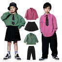 キッズダンス ステージ衣装 3点セット 単品 男の子 女の子 子供演出服 長袖シャツ スカート パンツ ネクタイ付き レッド グリーン hiphop ジャズ チアガール チアダンス 舞台服 団体イベント 110-180cm