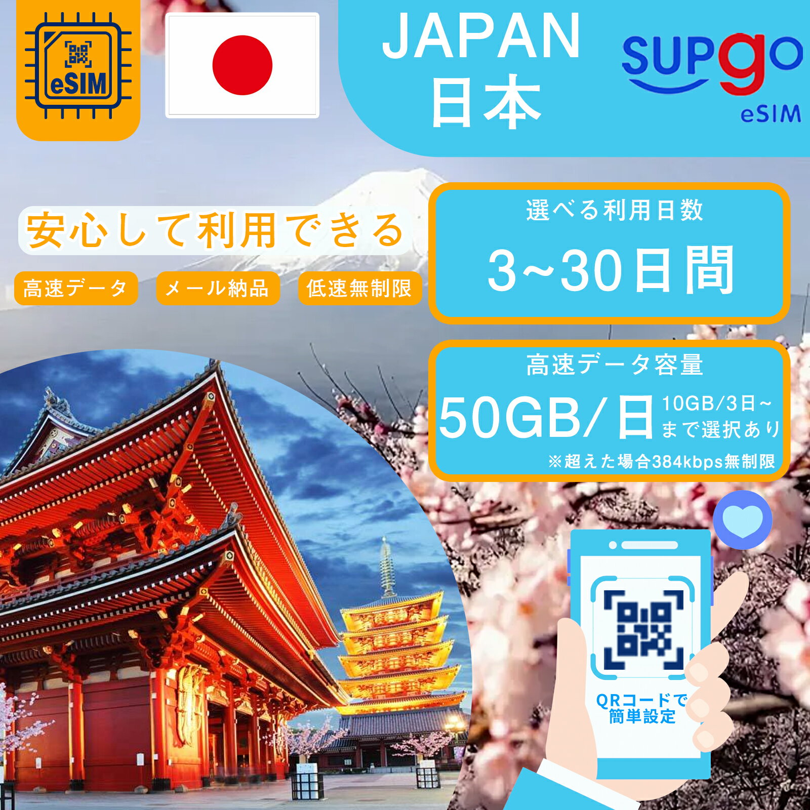 eSIM ジャパン 日本 JAPAN NIPPON 3日間 5日間 7日間 10日間 15日間 30日間 データ無制限 10GB 20GB 50GB 高速 データ通信専用 プリペイドeSIM RメッセージにてQRコード送信(順次発送) simカード 一時帰国 留学 短期 出張 使い捨て