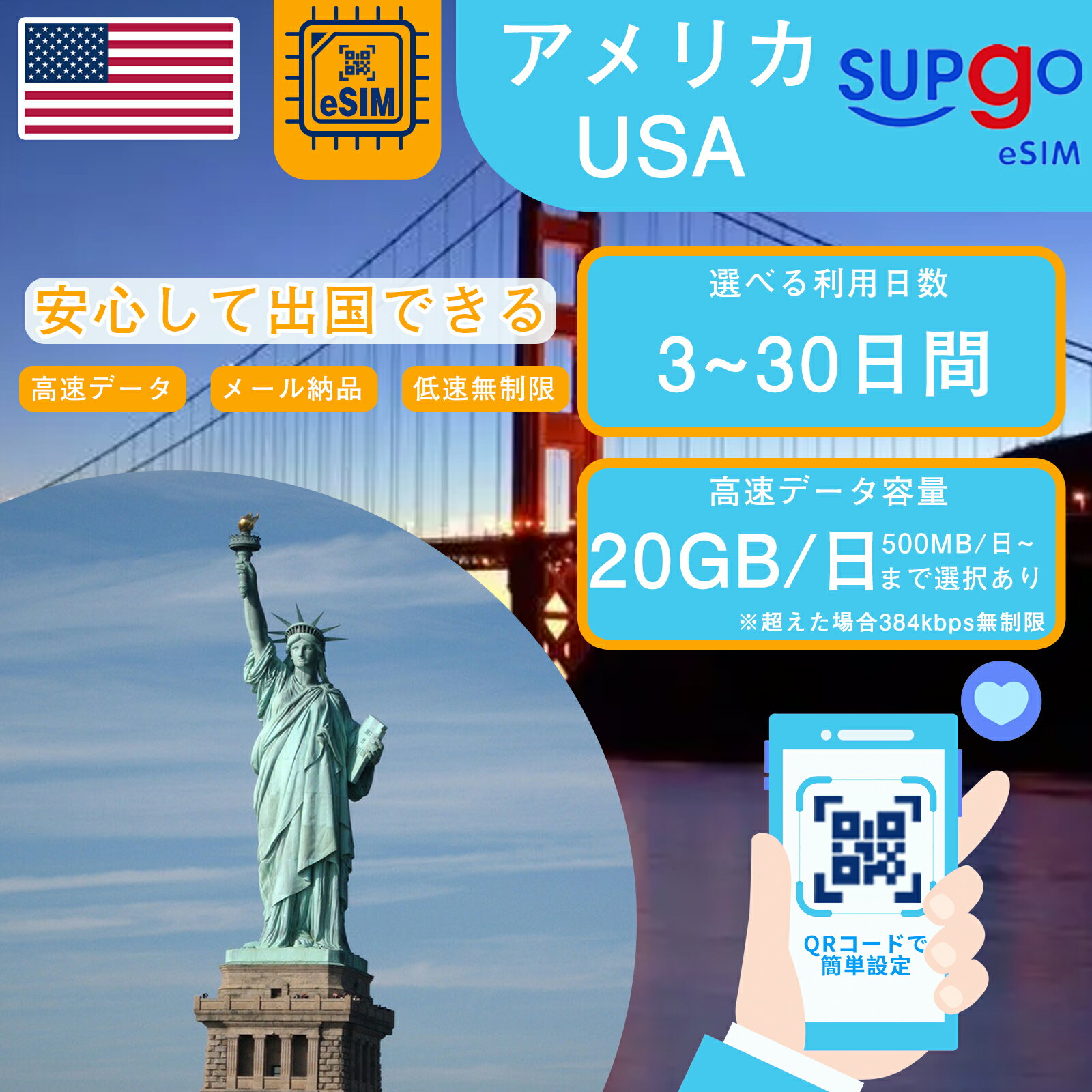 eSIM アメリカ 米国 USA 3日間 5日間 7日間 10日間 15日間 20日間 30日間 データ無制限 5GB 10GB 20GB 高速 データ通信専用 プリペイドeSIM RメッセージにてQRコード送信(順次発送) simカード 一時帰国 留学 短期 出張 使い捨て