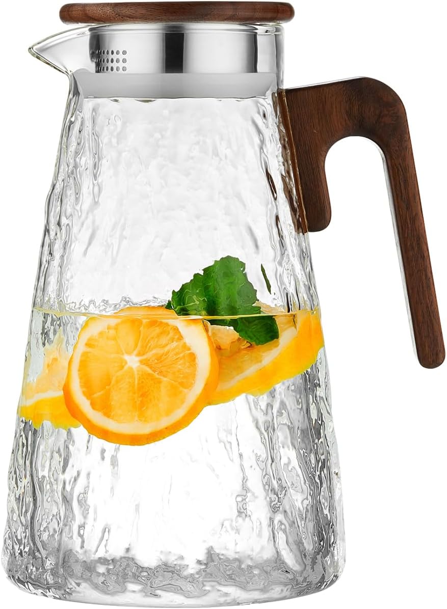 麦茶ポット ピッチャー 耐熱ガラス 紅茶 ポット 1750ML 木製持ち手 ガラスウォーターピッチャー 冷水筒 むぎちゃ アイスティー フルーツティー 水 レモネード コーヒー用 大容量