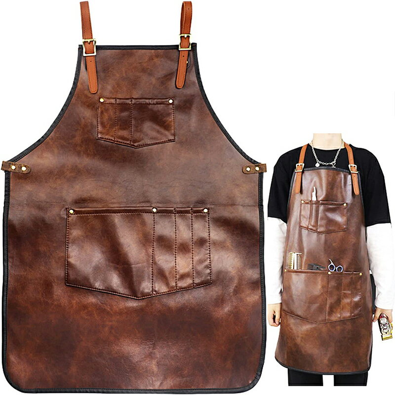 男性用シェフエプロン 女性用防水レザーエプロン クロスバックストラップ ポケット付き キッチンバーベキュー料理 理髪店 手作業 バリスタエプロン