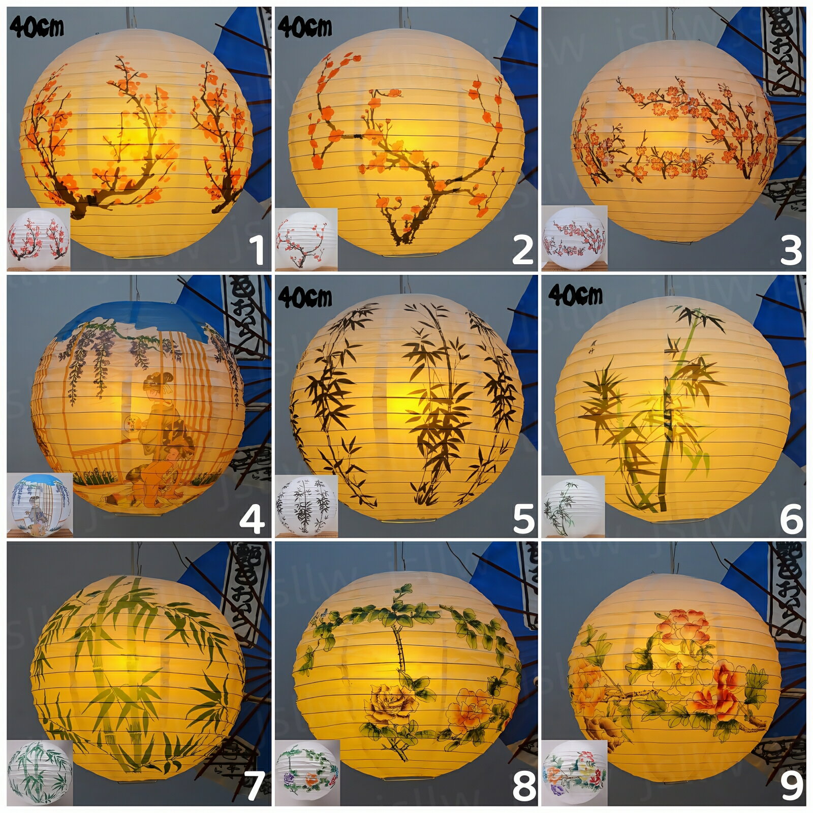 提灯 ちょうちん 2個セット 和紙ちょうちん 和風 丸型提灯 40cm 梅 枇杷 桜 美人図 竹 花 薔薇 牡丹 孔..