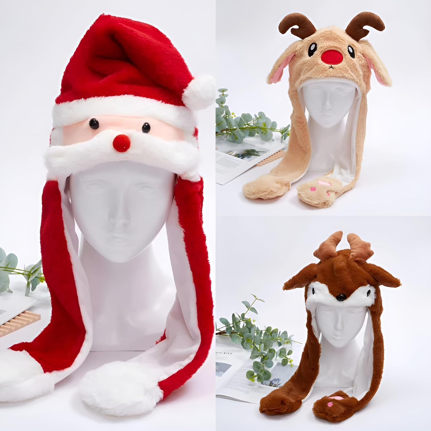 クリスマス仮装 コスプレ 帽子 耳が動く帽子 サンタクロース トナカイ ヘラジカ ピコピコ帽子 おもしろい 柔らかい アニマルハット ゆったり かわいい 防風 防寒 サンタ帽子 被り物 パーティー イベント 誕生日 クリスマスプレゼント(4)