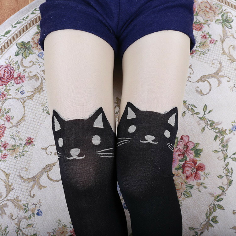 かわいい レディース 猫柄 靴下ストッキング ナイロン ハイソックス オーバーニー ...