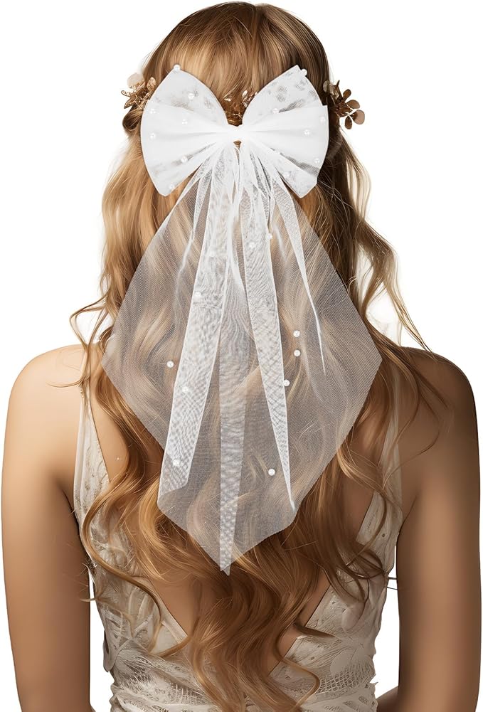 ブライダルベール パールヘアリボン　クリップ付きホワイトチュールリボン　パール付きウェディングベ..