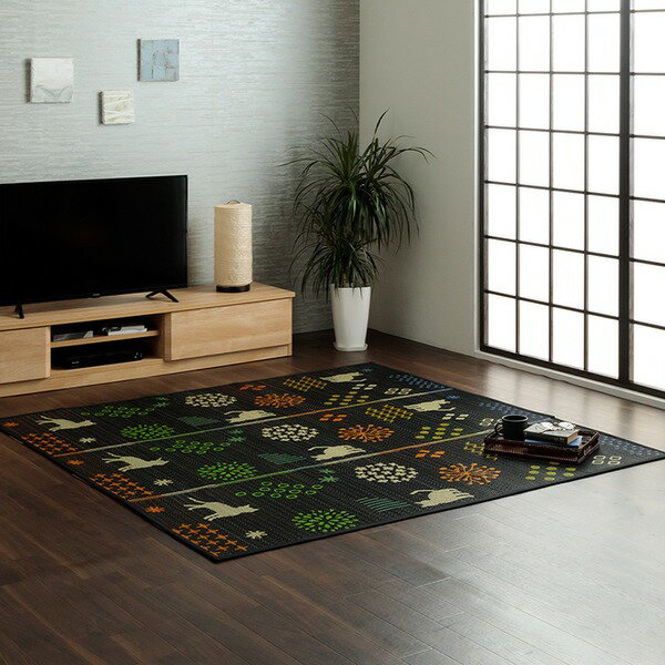 い草 ラグ マット 約180×240cm ブラック 猫柄 花柄 不織布滑り止め付き 折りたたみ収納可 湿度調節 抗菌 防臭 消臭効果 パンチカーペット ラグマット 絨毯 フロア ラグ カーペット カーペット マット タイルカーペット ジョイントマット ラグ