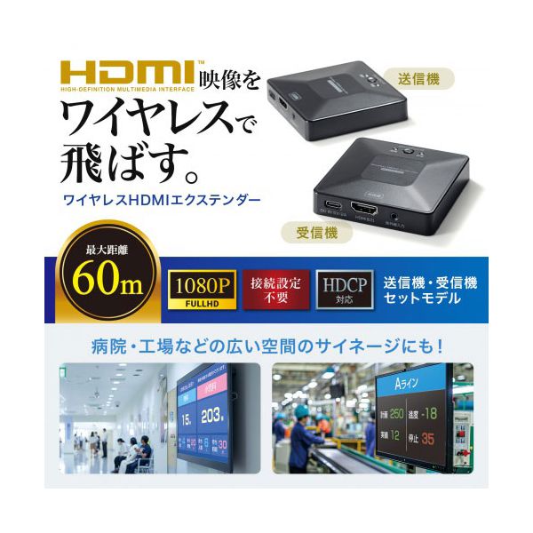 サンワサプライ ワイヤレスHDMIエクステンダー 最大60m延長 セットモデル ブラック VGA-EXWHD13
