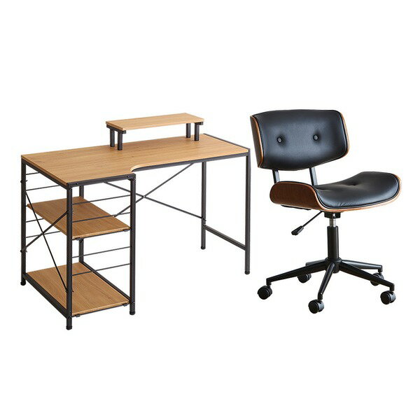 デスクチェア 2点セット パソコンデスク 約幅110cm シャビーオーク オフィスチェア 2脚 ブラック 合皮 ..