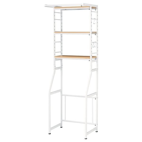 ランドリーラック ランドリー収納 約幅58〜78cm ホワイトフレーム×ナチュラル 伸縮式 スチール S字フック付き 組立品 脱衣所