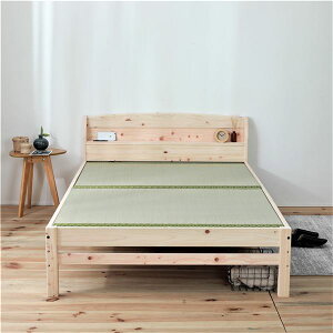 日本製 ひのきベッド 【い草床板 シングル】 棚/コンセント付き 天然木 檜 3段階 高さ調節